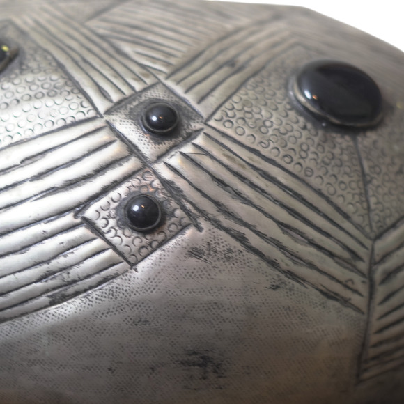 Vintage Brass Silver‑Plated Etched Vase 14” Black Cabochons Mid-Century India - Picture 11 of 14